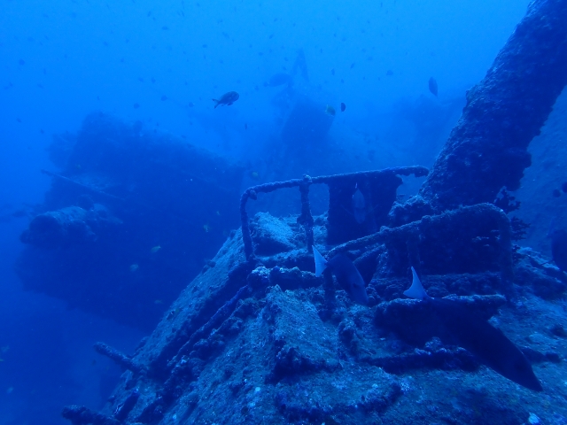 与那国島近海でダイビングスポットとなっている、青い海に静かに眠る巨大な沈船。