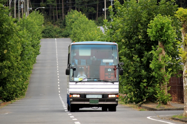与那国島の豊かな緑に囲まれた道路を走行する白い観光バス