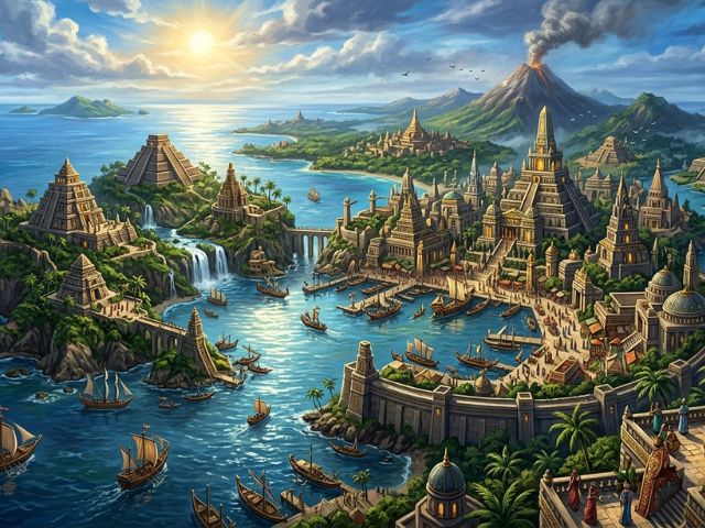 与那国島海底遺跡がかつて陸上にあった頃を彷彿とさせる、古代文明の都市イメージ。